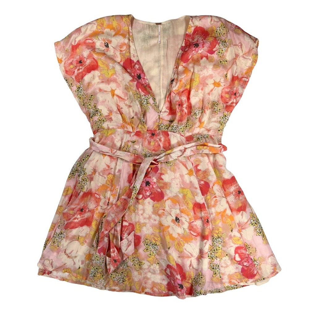 Free People Floral Dress Womens M Pink Boho Sheer Tie Waist Mini
